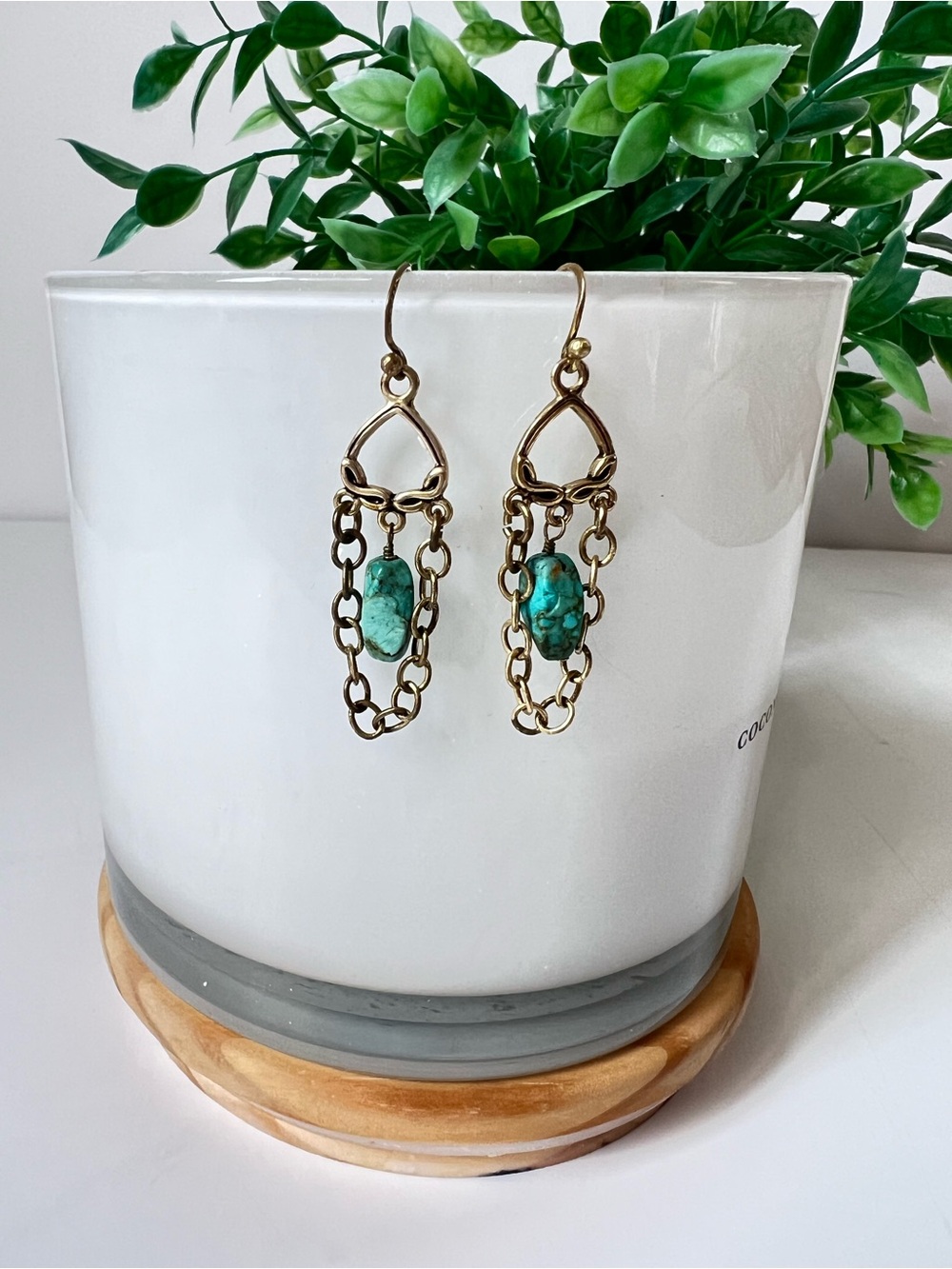 Barse Vintage-Style Multi-Strand Bronze Chain Raw Turquoise Dangle Earrings